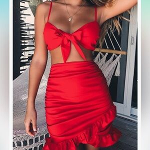 Red mini ruffle skirt and tie front crop top set